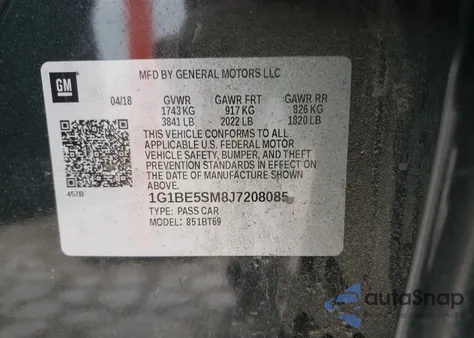 2018 Chevrolet Cruze Lt z USA, uszkodzony, nr VIN 1G1BE5SM8J7208085